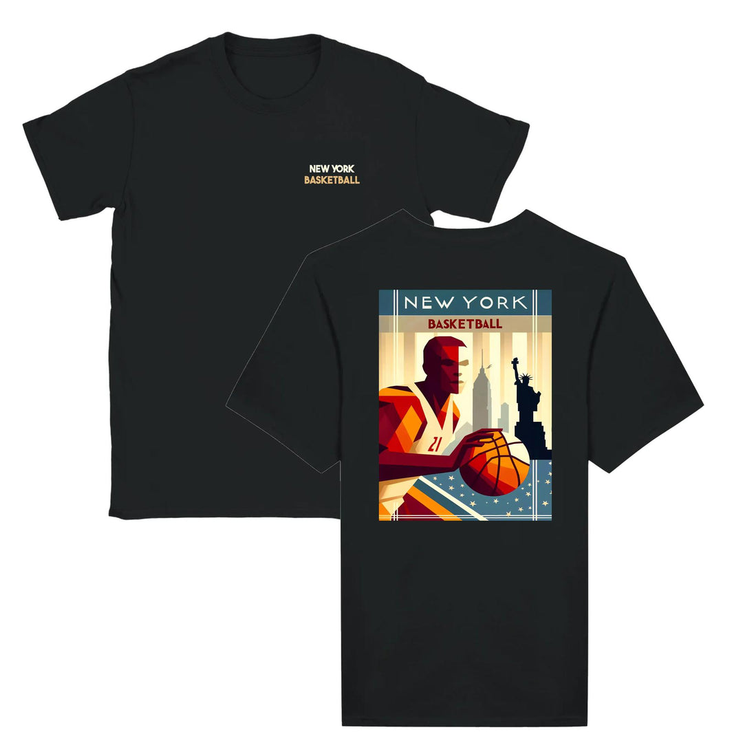T-shirt featuring a graphic of a basketball and New York skyline