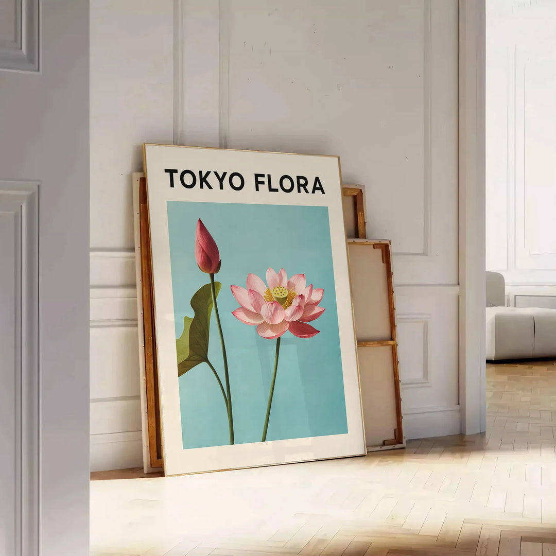 Vintage-style Tokyo flora botanical poster with green and blue tones