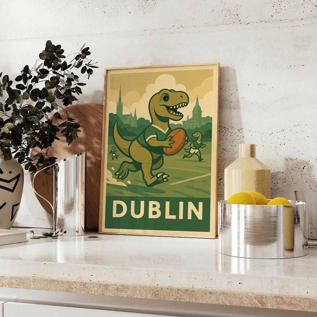 Art-deco style dinosaur playing rugby in a Dublin setting