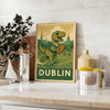 Art-deco style dinosaur playing rugby in a Dublin setting