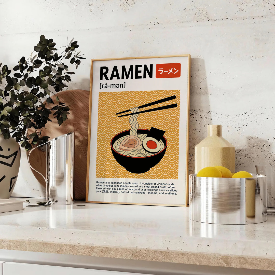 Tigela de ramen estilizada com fundo de cozinha em preto e vermelho