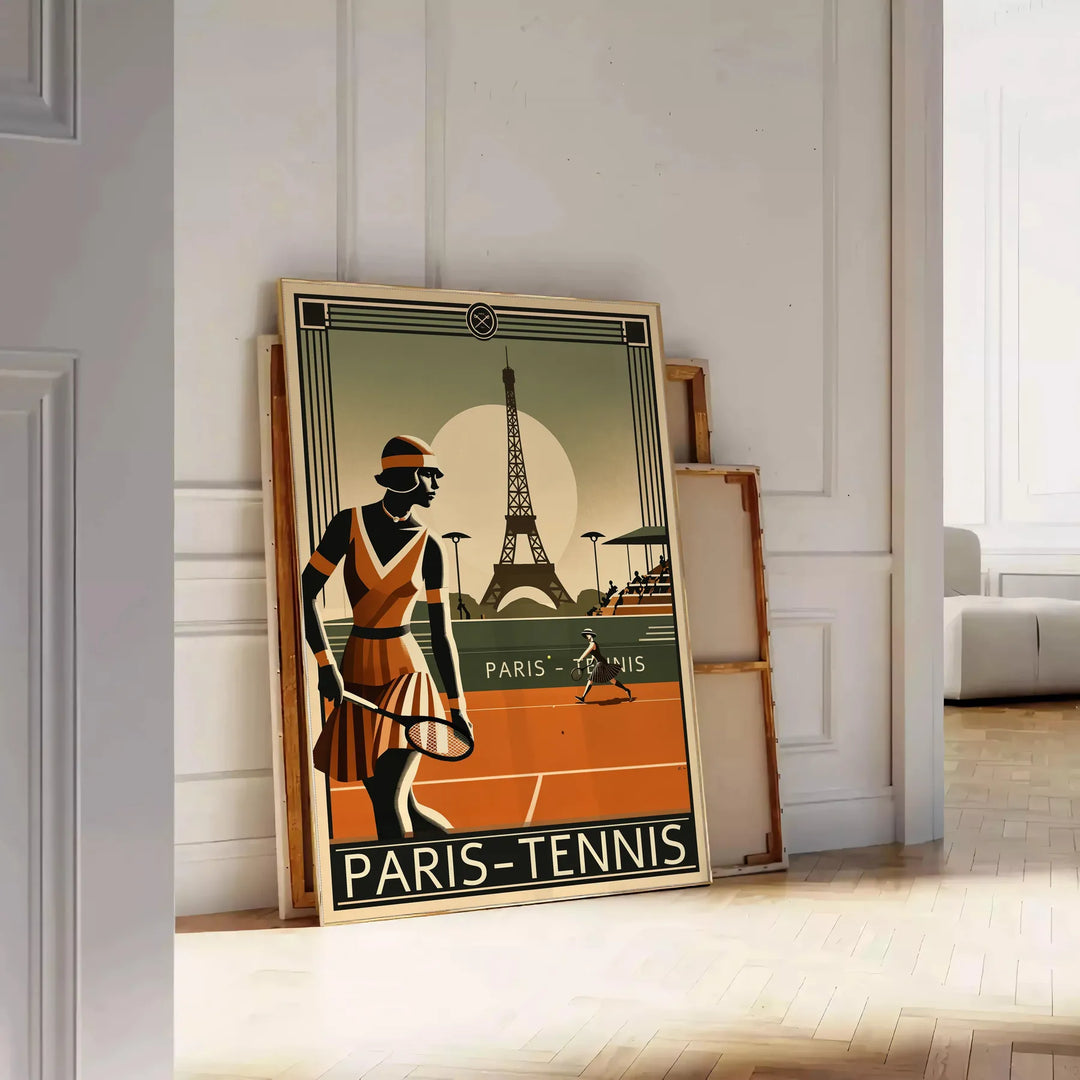 Black and brown Paris tennis art poster with elegant minimalist illustration