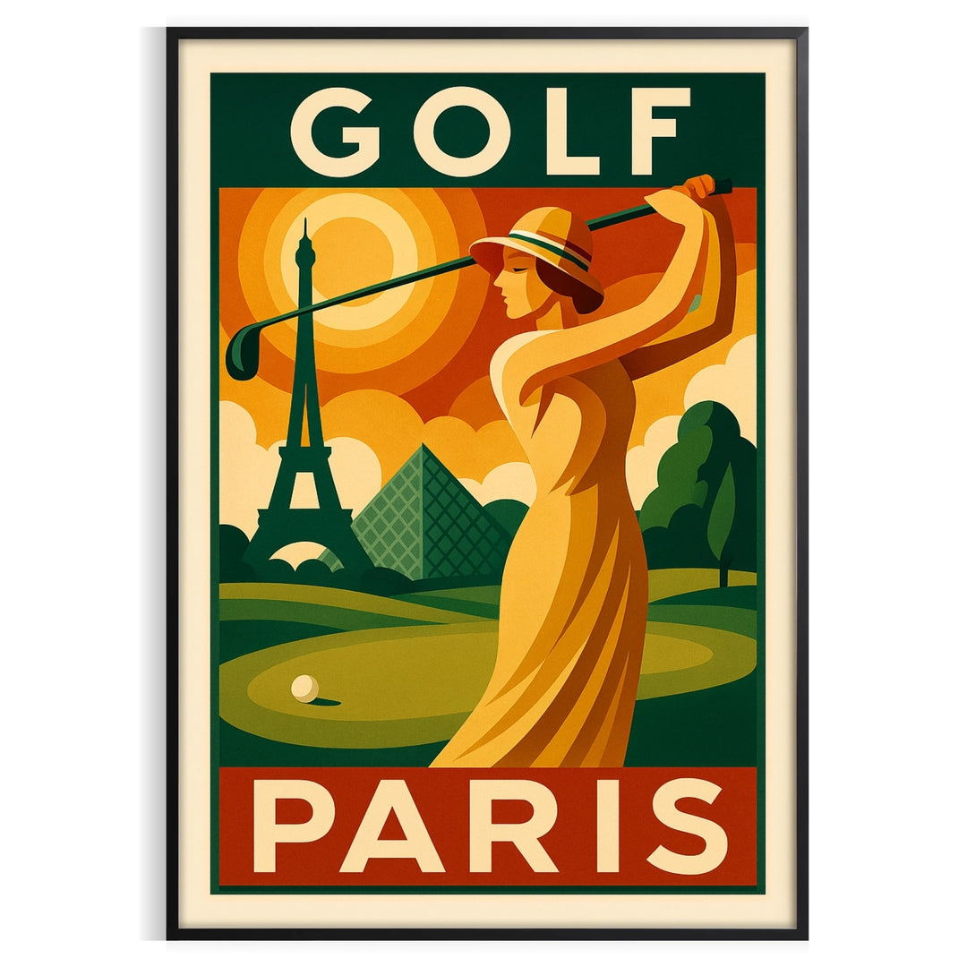 Vintage illustration of a golf course in Paris with green grass and red accents