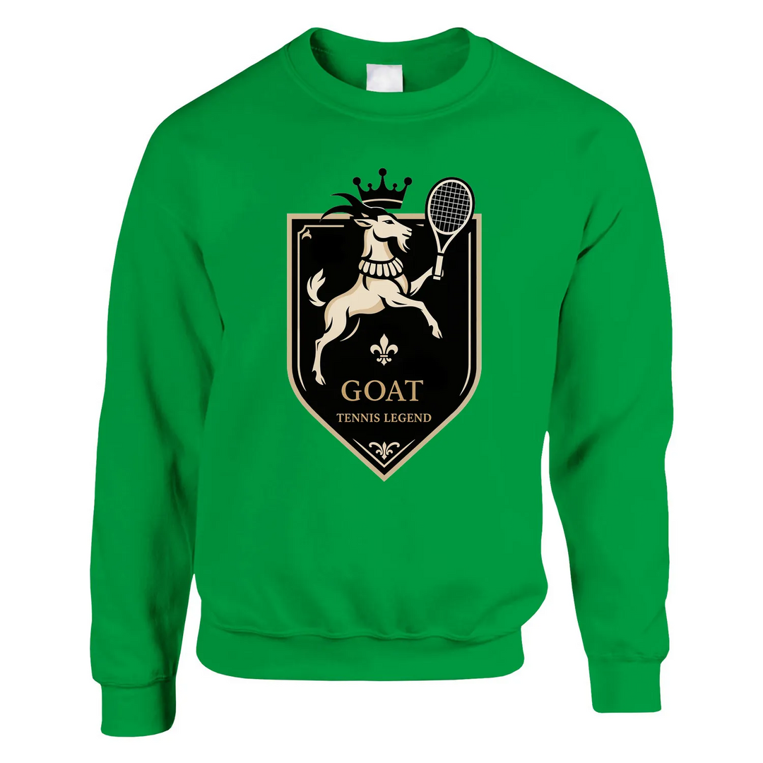 Unisex sweater with a graphic print of a tennis player and the text 'Legend Goat'