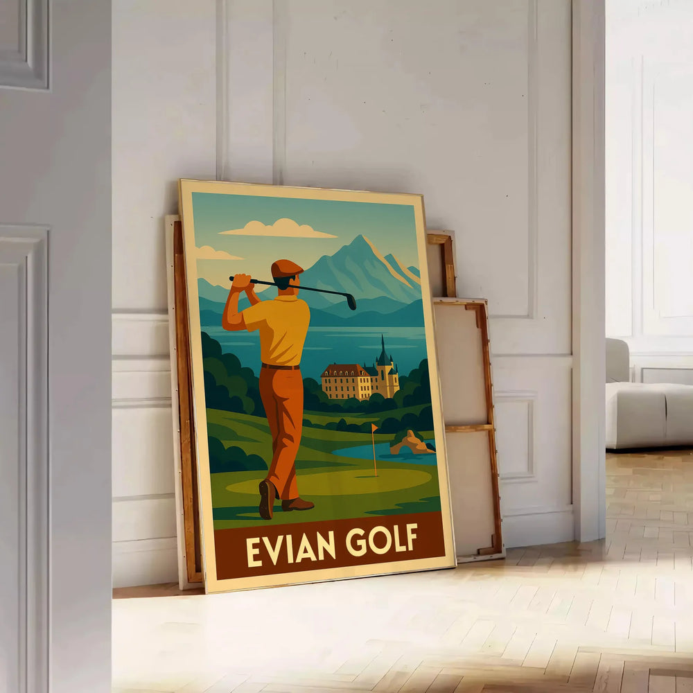 Vintage Art Deco Evian golf poster with yellow and gray palette