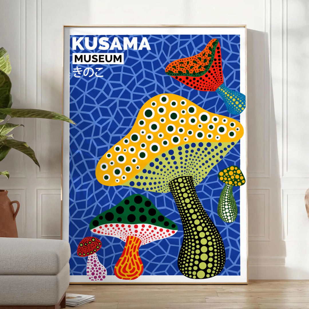 Green and yellow mushroom artwork in Yayoi Kusama style poster