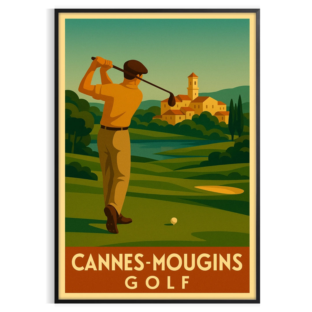 Art Deco poster featuring a golf scene in Cannes Mougins with yellow and gray tones
