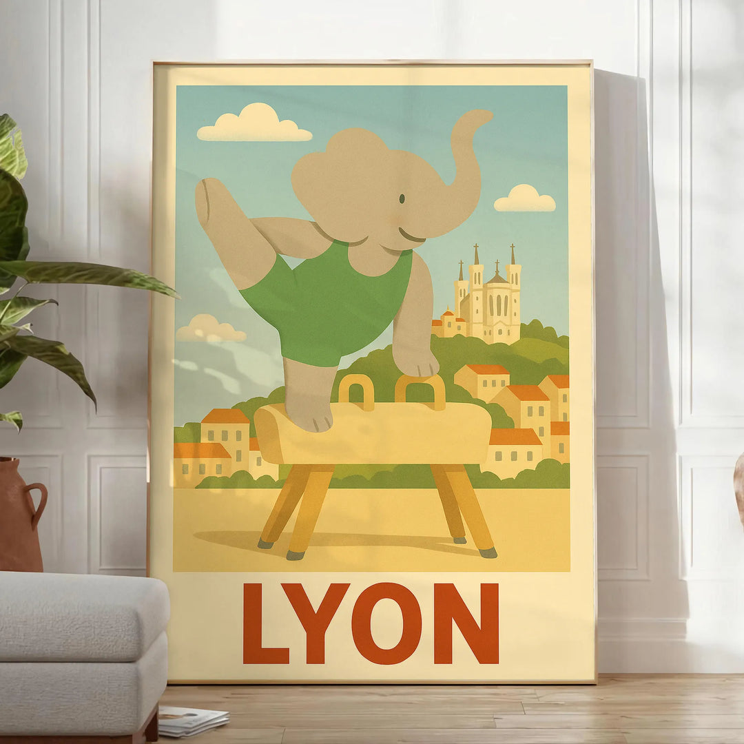 Gray and green kid poster featuring whimsical elephant doing gymnastics
