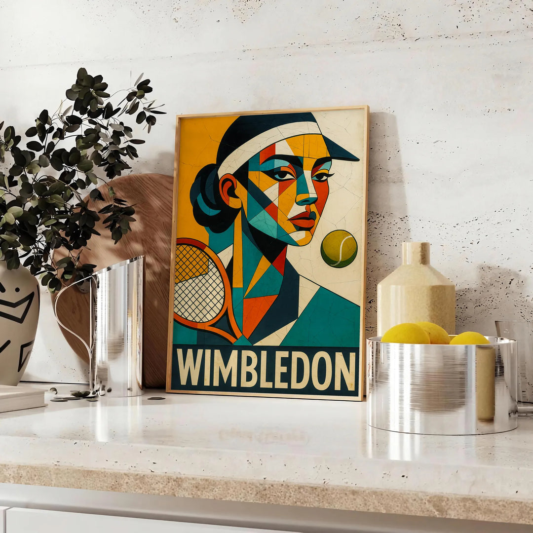 Wimbledon kubisma plakāts ar tenisa motīvu sarkanā un zaļā krāsā