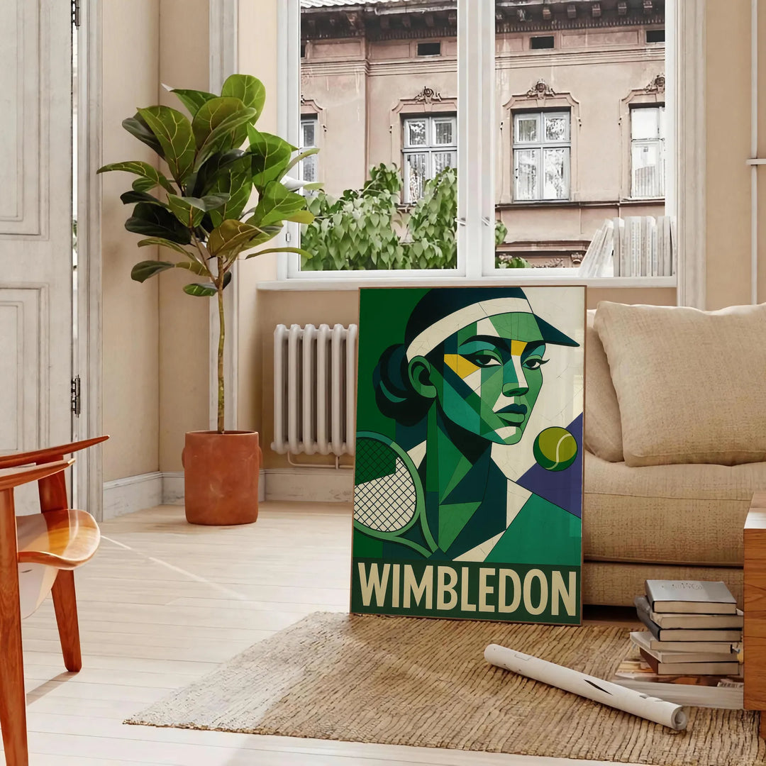 グレー と 緑 の キュビスム 風 Wimbledon ポスター 抽象 的 ラケット シルエット