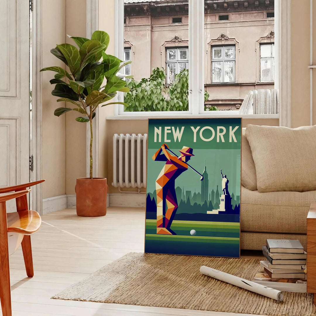 Art Deco style poster featuring a golf scene in New York with gray and brown tones