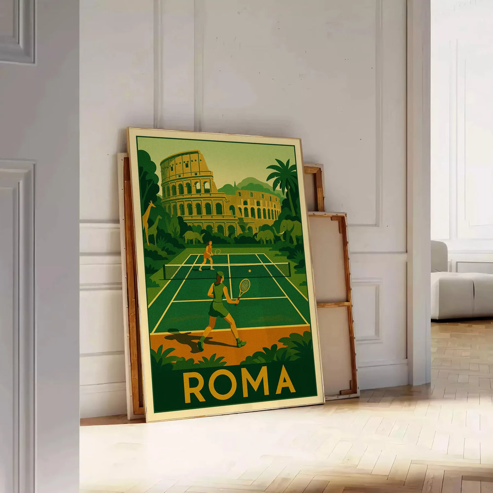 Yellow and gray Rome jungle tennis poster with vintage graphic style