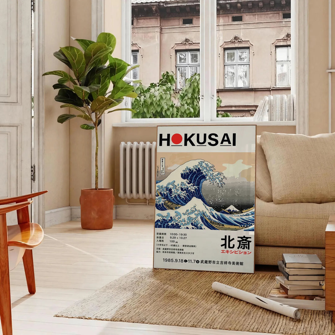Ukiyo-e woodblock print of Hokusai's Great Wave, featuring blue waves and Mount Fuji