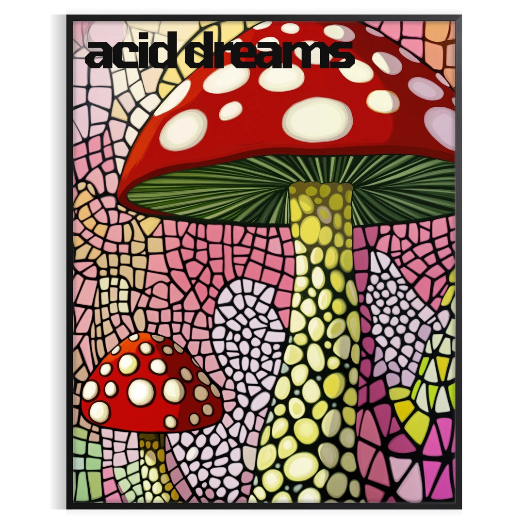 Black and green Japanese mushroom art poster, minimalist ink-style print