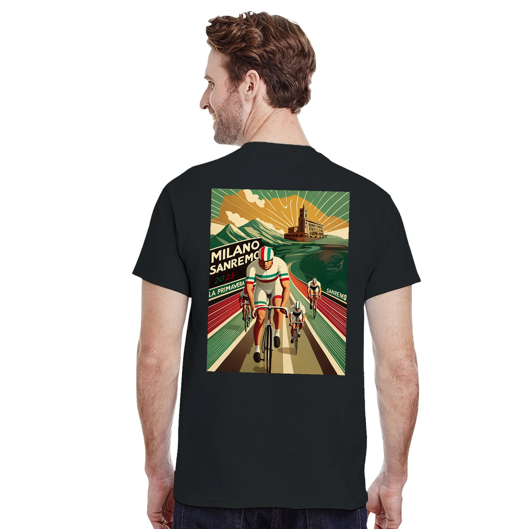 T-shirt featuring a graphic of the Milano–Sanremo cycling race