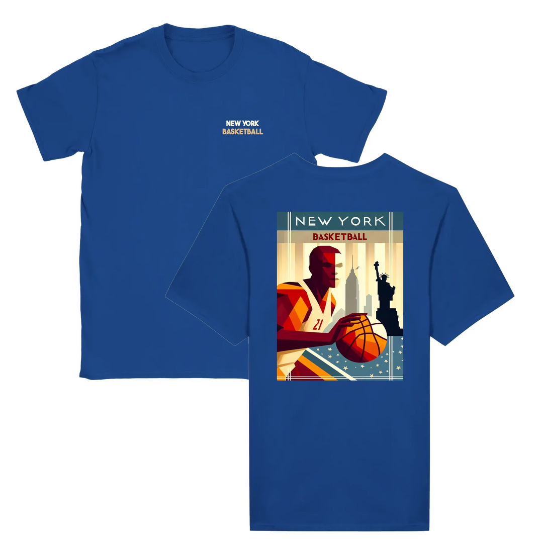 T-shirt featuring a graphic of a basketball and New York skyline