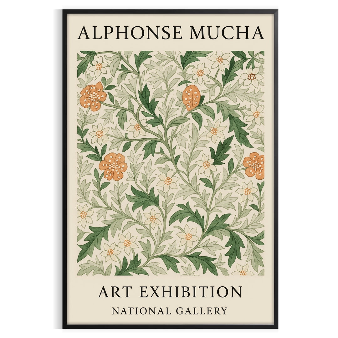 Art Nouveau botanical illustration by Alphonse Mucha featuring intricate floral designs in earthy tones