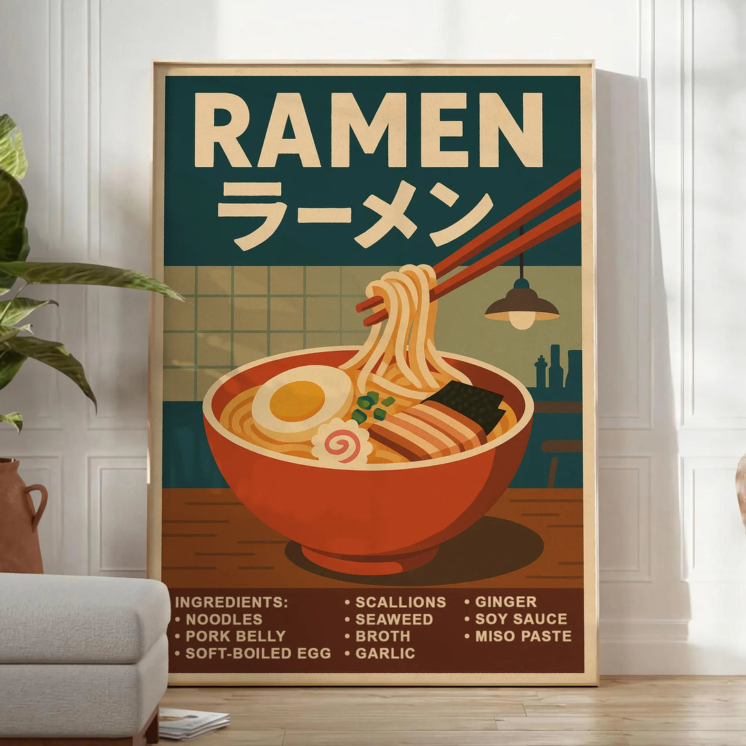 Illustrated Japanese ramen kitchen poster in earthy green and brown tones