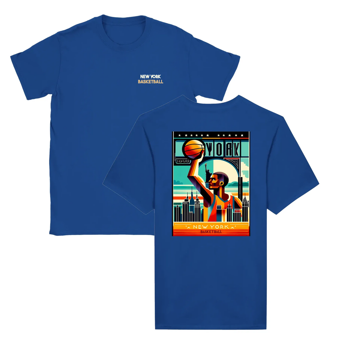 T-shirt featuring a graphic of a basketball and New York skyline