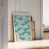 Japanese wave design in shades of blue with red and orange accents