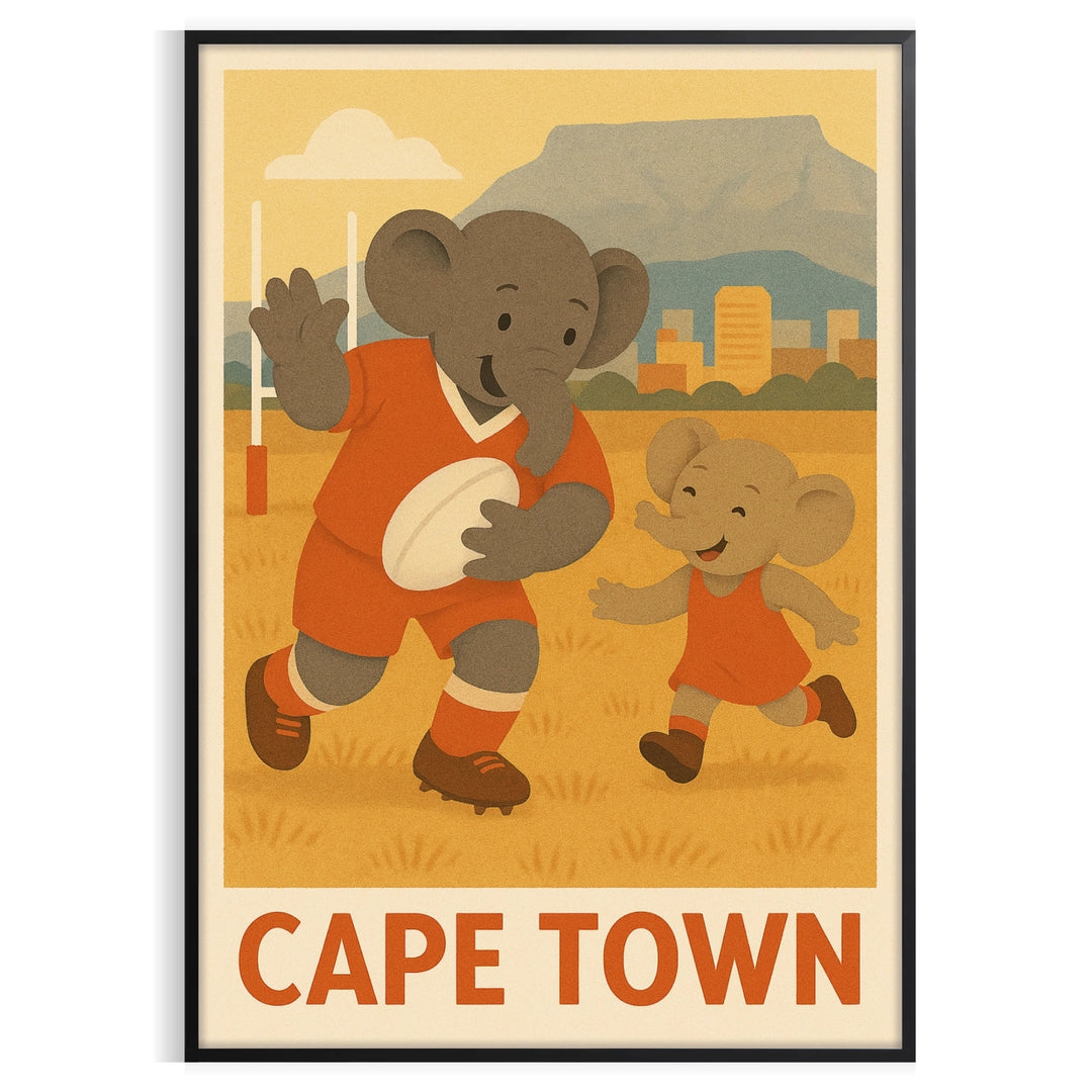 T-shirt featuring a playful elephant playing rugby in Cape Town