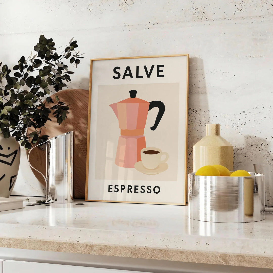 Black and gray Salve Espresso kitchen poster, minimalist graphic artwork