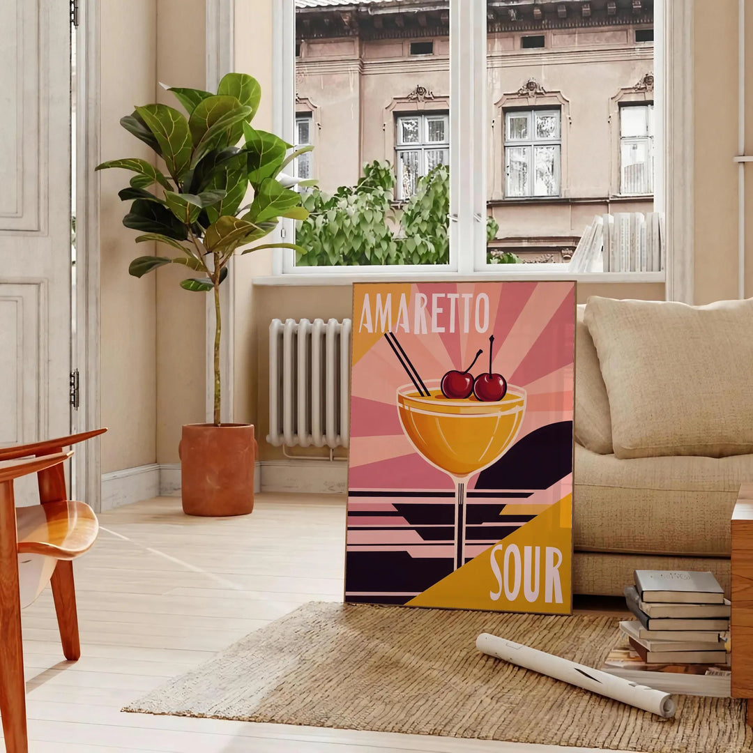 Illustration of an Amaretto Sour cocktail with orange and red hues