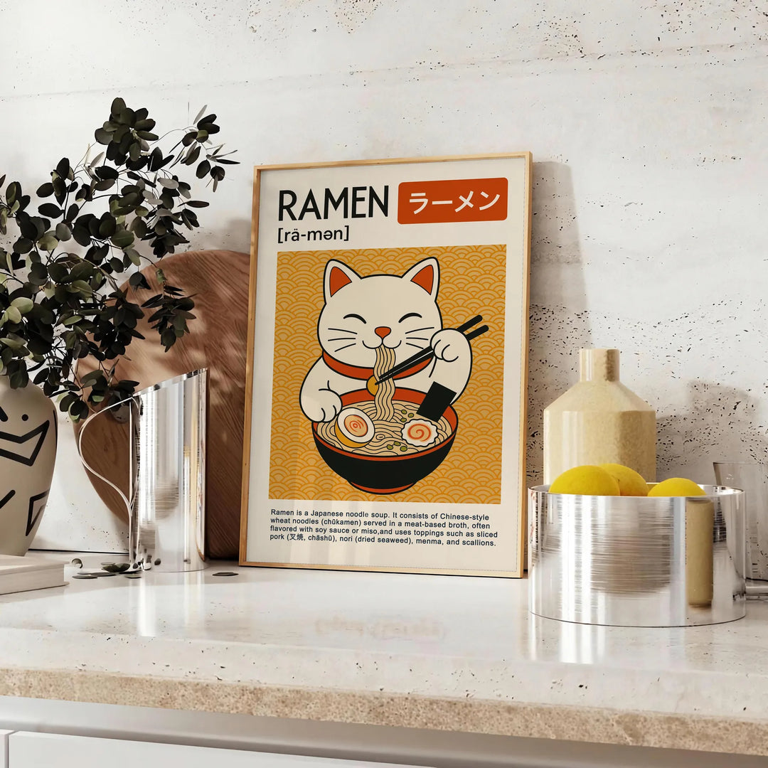 A black and red Maneki Neko surrounded by ramen elements in a graphic style
