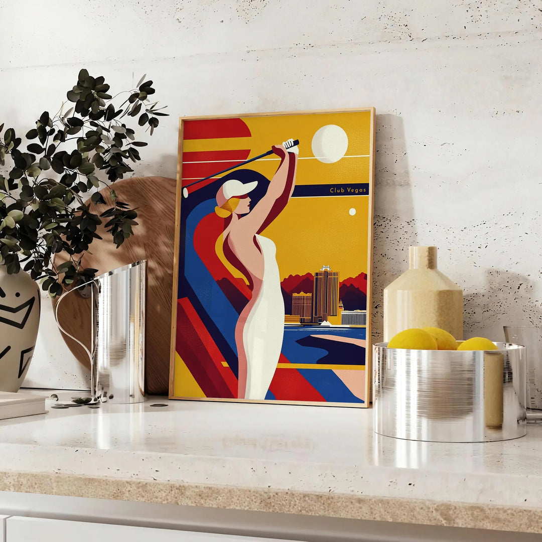 vintage Art Deco golf scene with orange and blue tones in Las Vegas