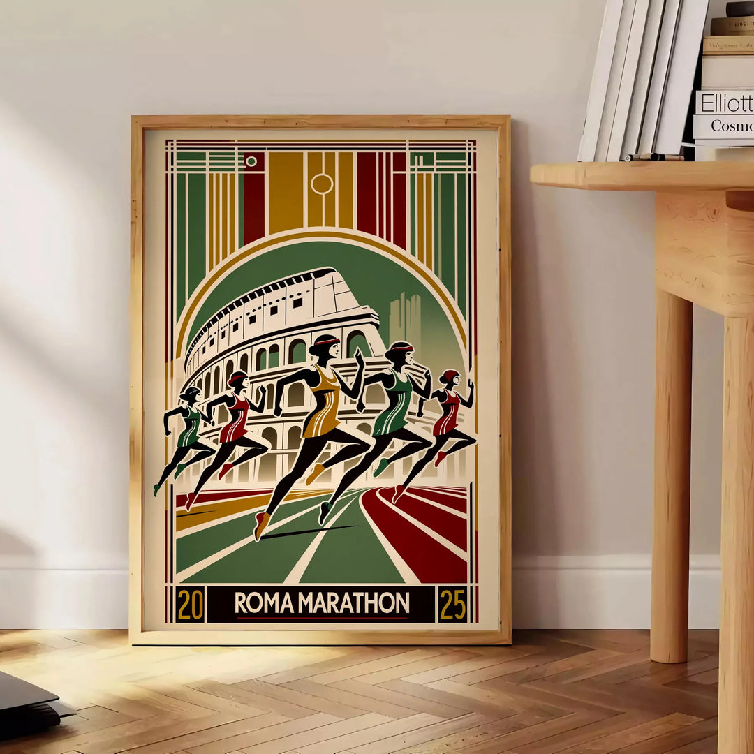 Poster showing stylized Rome marathon runners in brown and black tones