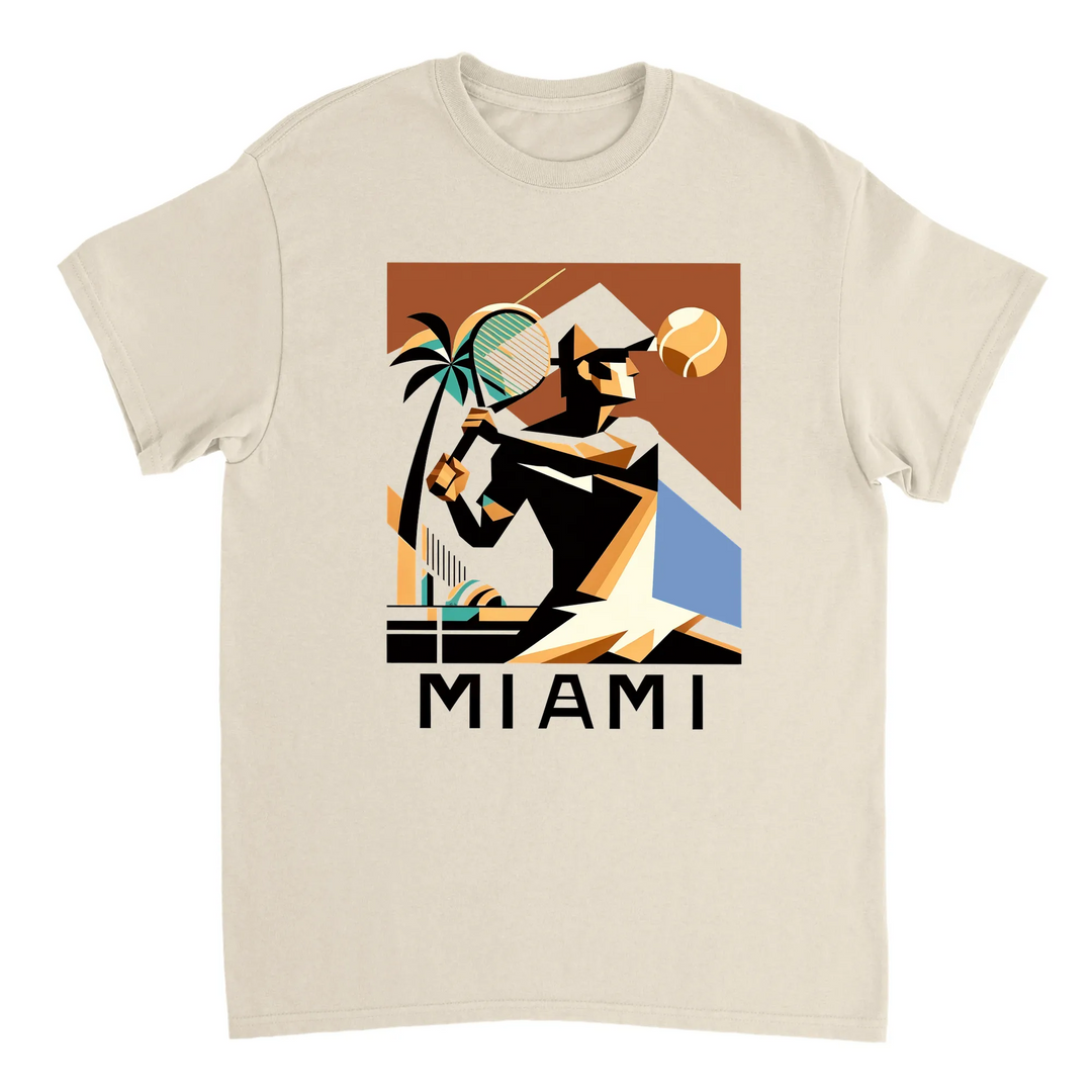T-shirt featuring a tennis player in action against a Miami skyline
