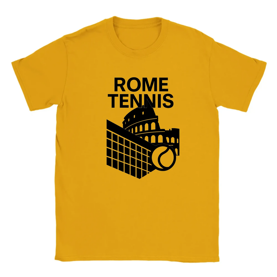 T-shirt featuring a graphic design of tennis elements with Rome landmarks