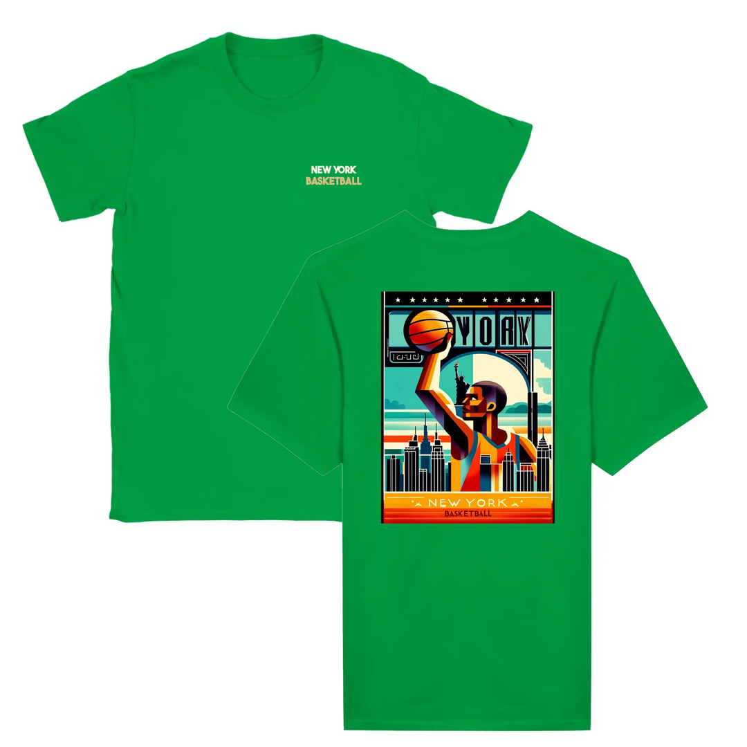 T-shirt featuring a graphic of a basketball and New York skyline