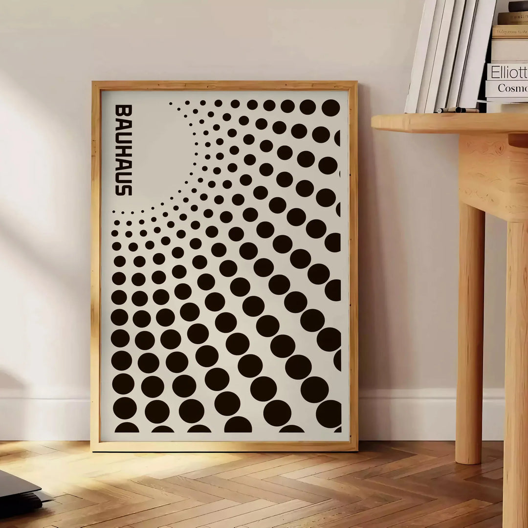 Bauhaus black circle abstract poster with gray and orange accents