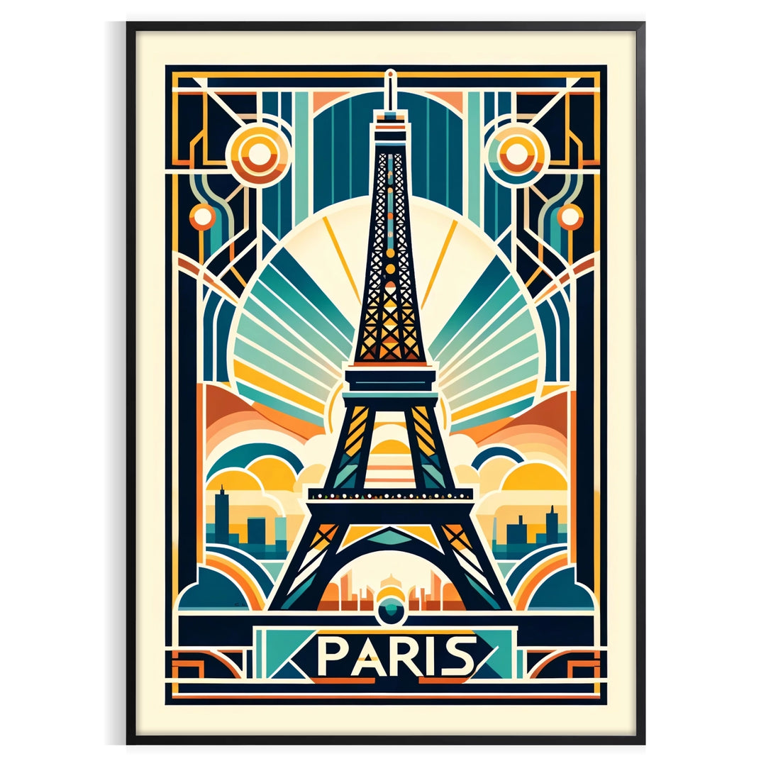 Yellow and black Art Deco Paris poster featuring stylized city silhouette