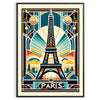 Yellow and black Art Deco Paris poster featuring stylized city silhouette