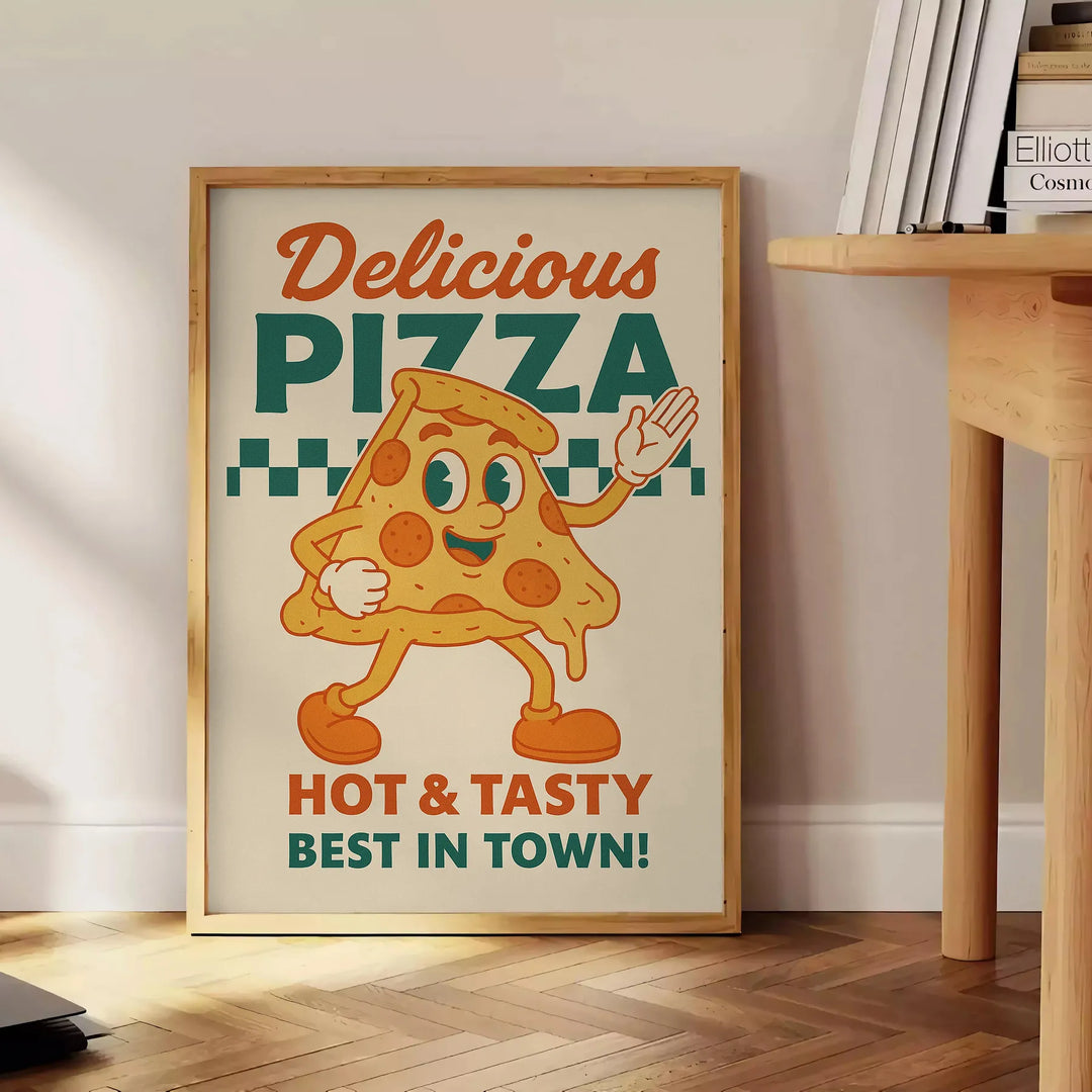 Blue and orange vintage pizza kitchen poster with colorful retro illustration