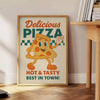 Blue and orange vintage pizza kitchen poster with colorful retro illustration