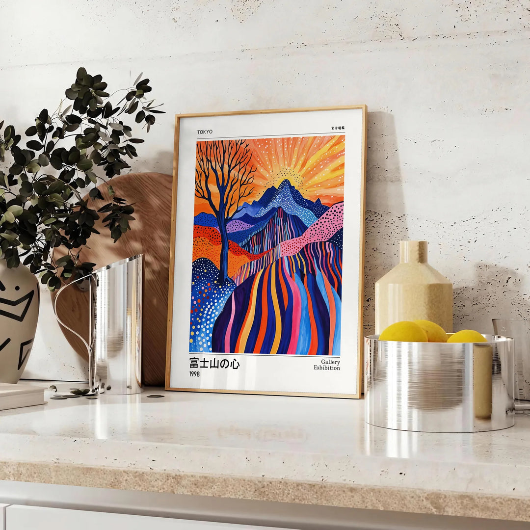 Abstract depiction of Mount Fuji with polka dots in blue and white