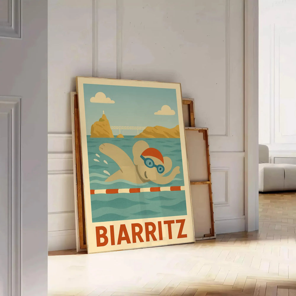 Whimsical illustration of a gray elephant swimming in blue water, Biarritz