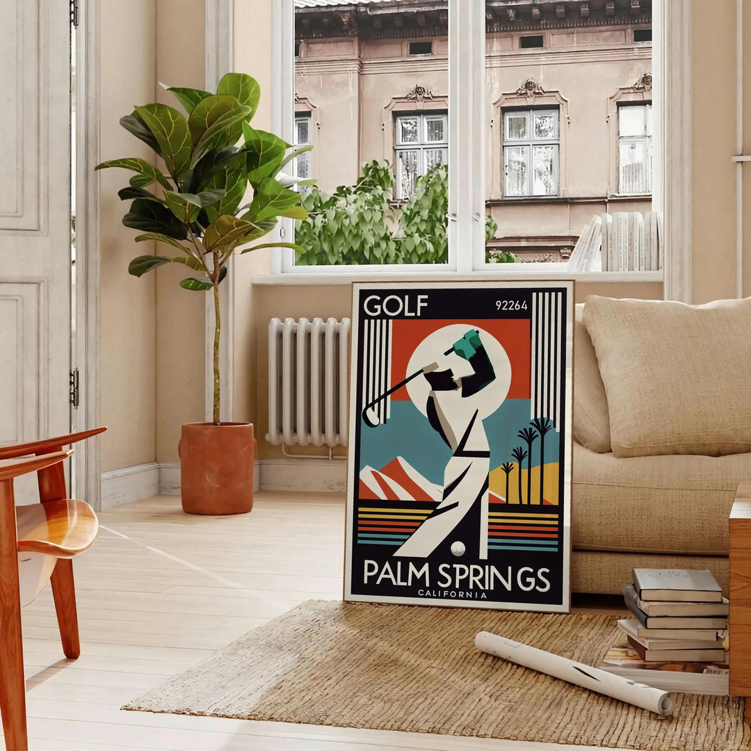 Palm Springs California golf poster featuring vintage brown and black illustration