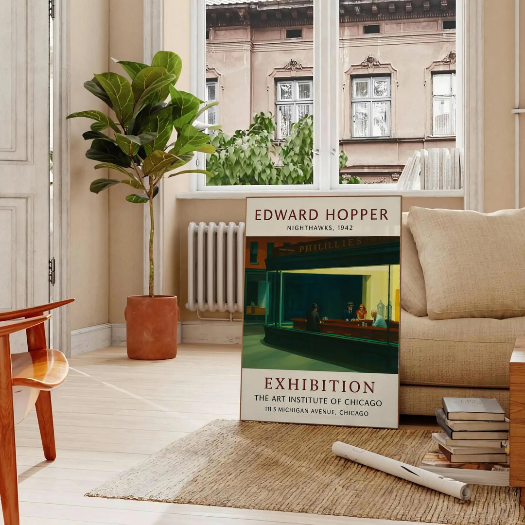 Edward Hopper exhibition poster featuring a realist urban scene with muted gray and orange tones