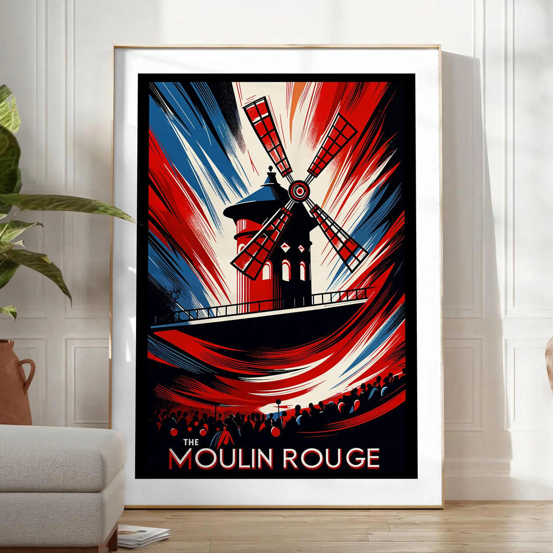 Vintage Moulin Rouge poster showing cabaret scene in red and blue