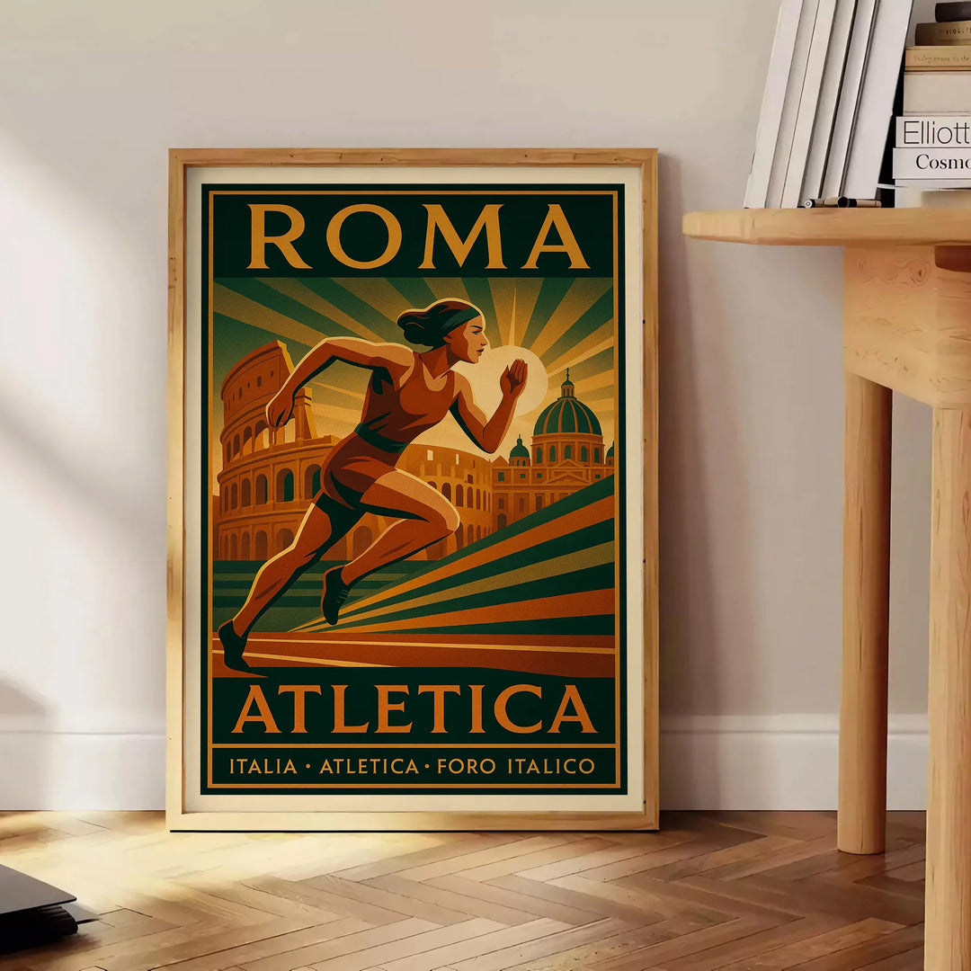 Athletic woman in vintage style with Rome skyline, yellow and brown tones