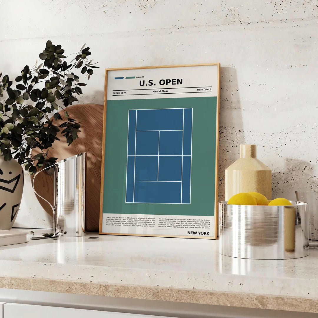 White and gray minimalist poster featuring tennis racket and court graphic