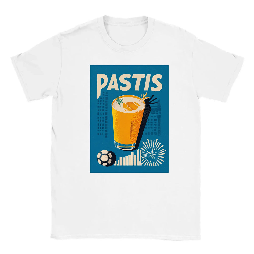 T-shirt featuring a graphic of a Pastis cocktail and Marseille skyline