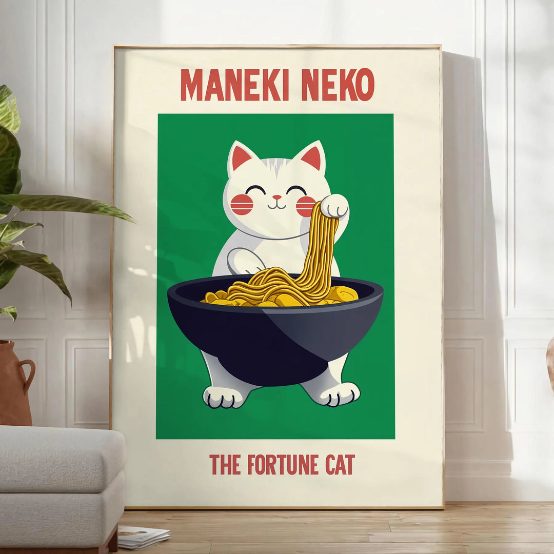 Affiche unique Neko Kitchen 2 fusion parfaite design bleu blanc fortune style cuisine symbolique décor disponible A4 cm A0