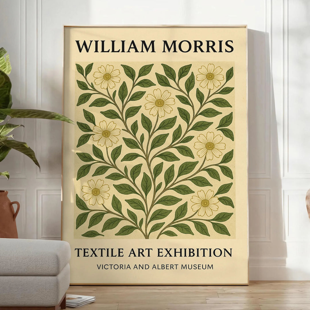 Intricate floral pattern in gray and orange by William Morris