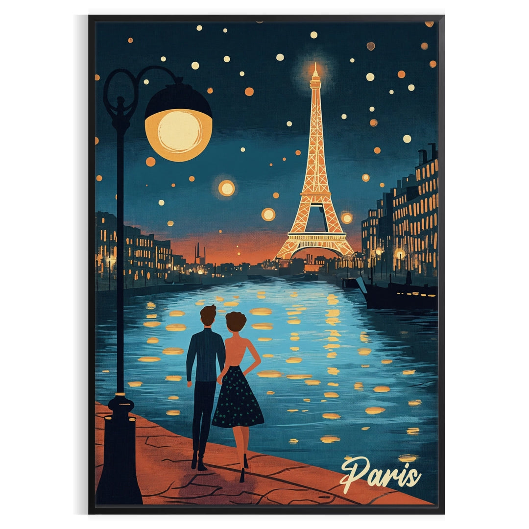 Nighttime view of Paris skyline with illuminated buildings and dark sky