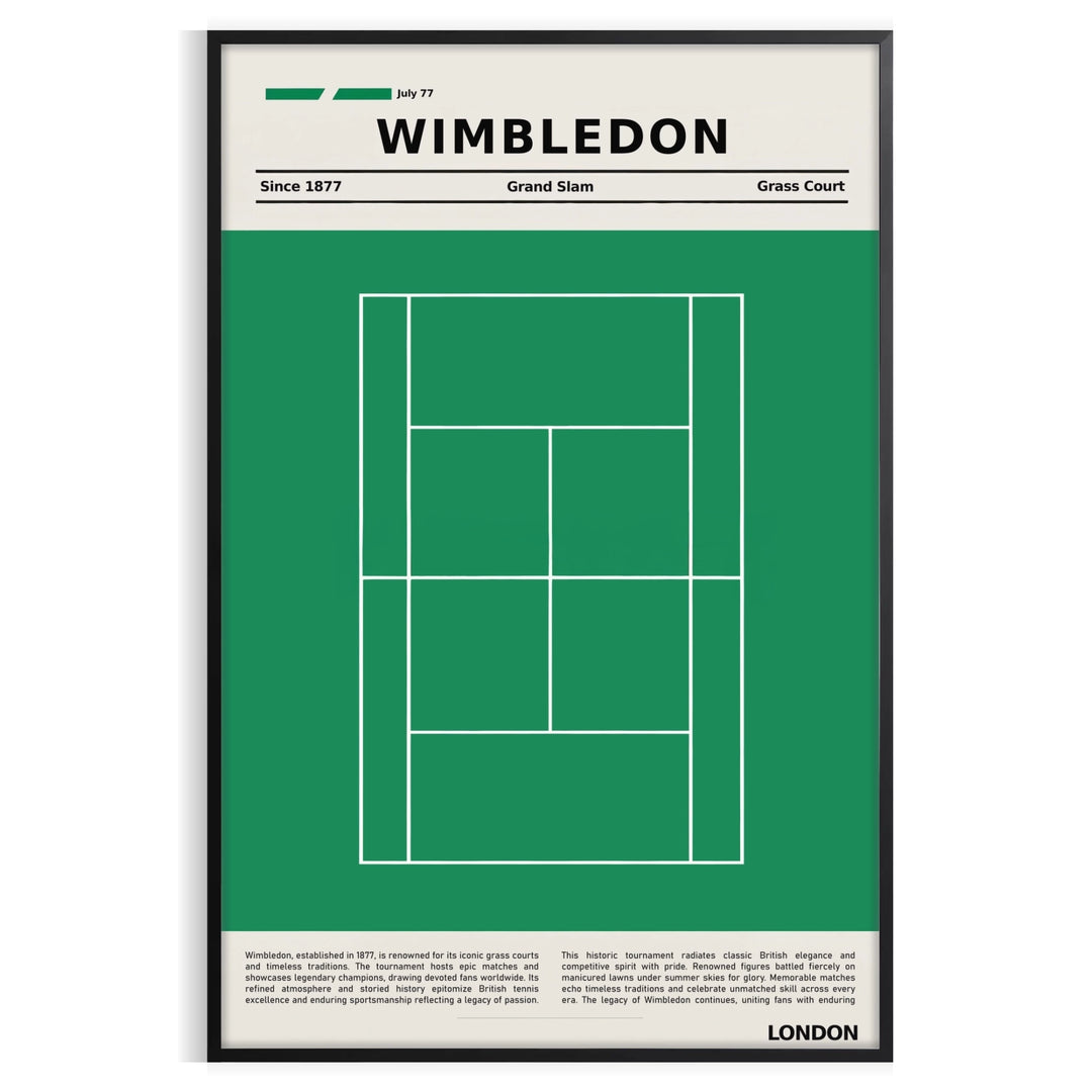 Retro-style graphic of a tennis court in green and white for Wimbledon